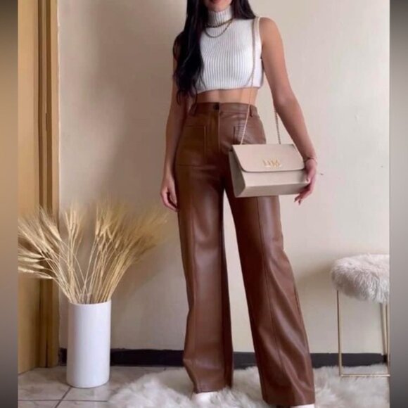 Sans Souci Pants - Sans Souci Faux leather High waist wide leg pants Brown size S NWOT o
